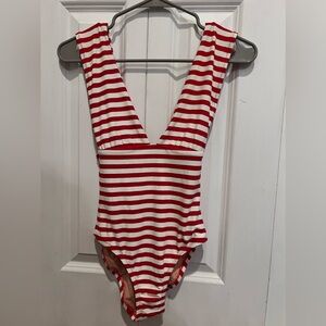 J. Crew Swim Plunge V Neck One Piece Swimsuit in Red and Ivory Stripe Sz 0 NWOT